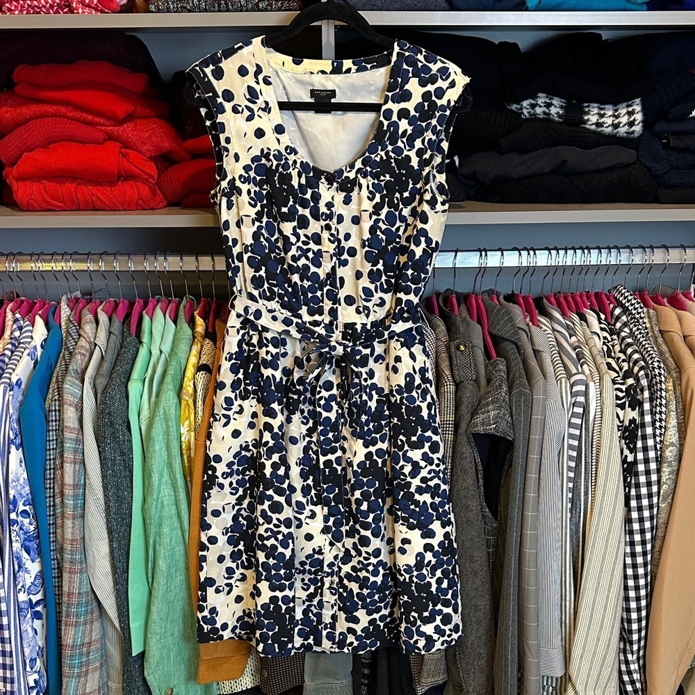 Ann Taylor ivory/blue/black dotted sleeveless elastic waistband dress size 4